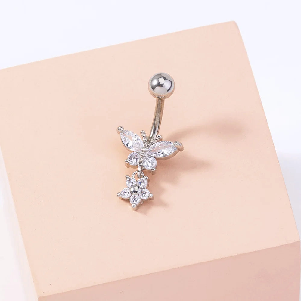 Fashionable Silver Plated Flowers Belly Button Jewelry White Bling Cubic CZ Zircon Butterfly Navel Ring Belly Button Piercing
