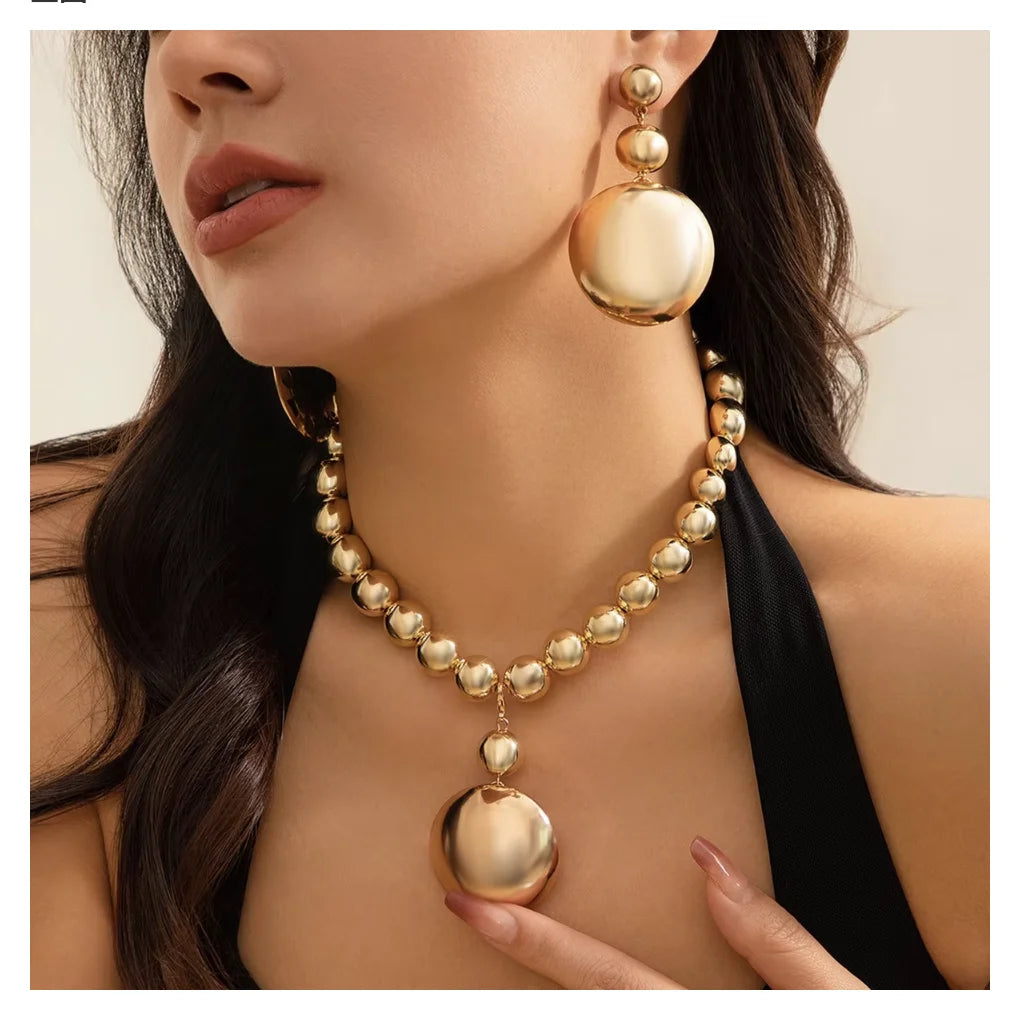 2024 18k Gold Plated Big Metal Ball Necklace Elastic Steel Big Ball Kids Beaded Necklace for Woman