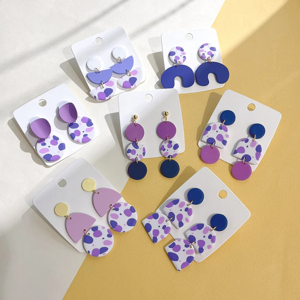 Hot Sale Trend Blue Purple Polka Dot Clay Earrings Geometric Fan-shaped Polymer Clay Earring for Women