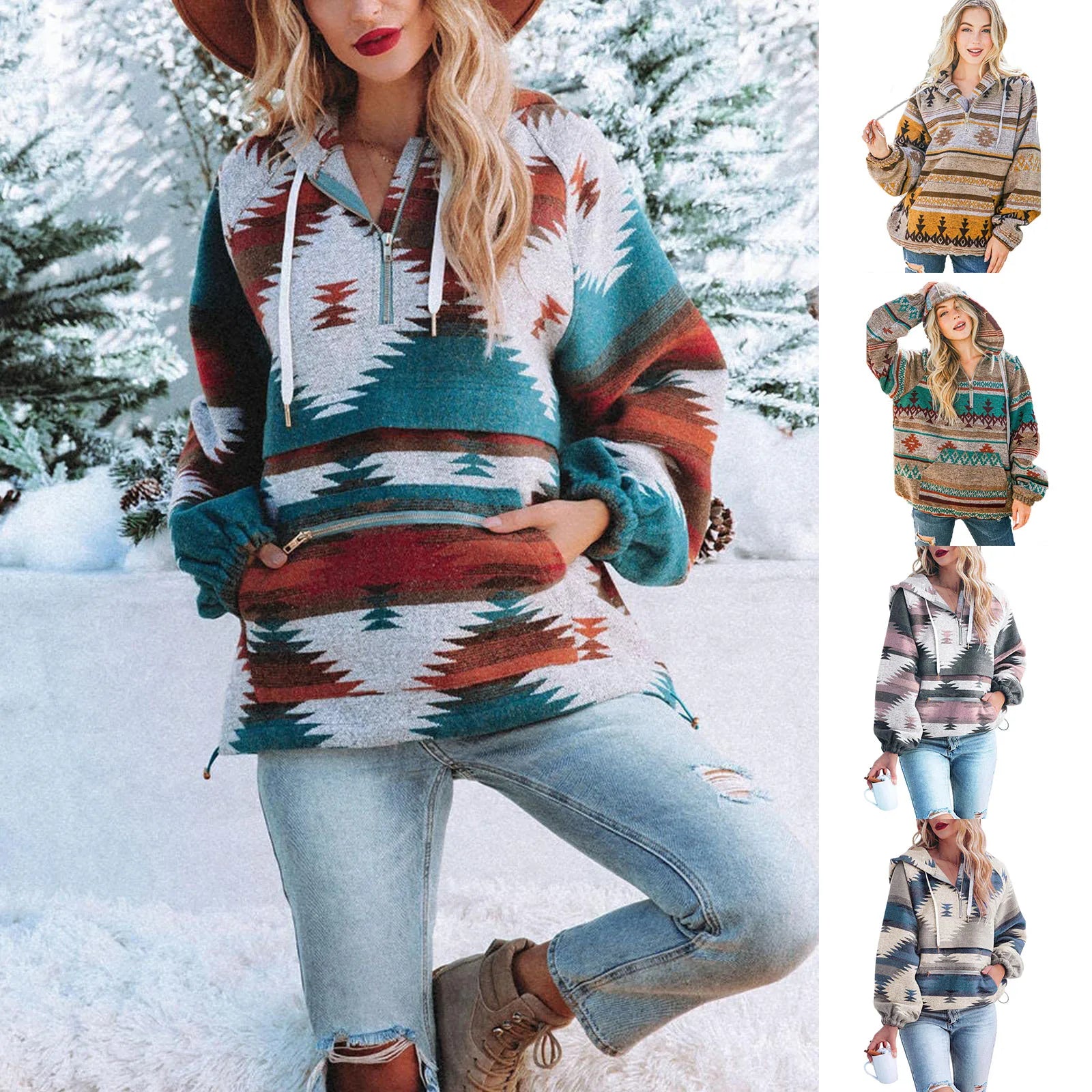 2025 Long Sleeve Pull Over Femme Autumn Winter Warm Hooded Jackets Loose Women Pullover Tribal Aztec Hoodies