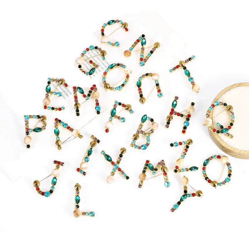 Wholesale Cheap Multi Color Rhinestone Capital 26 Letters Brooch Pins Crystal Pearl A-Z Initial Brooch Pin