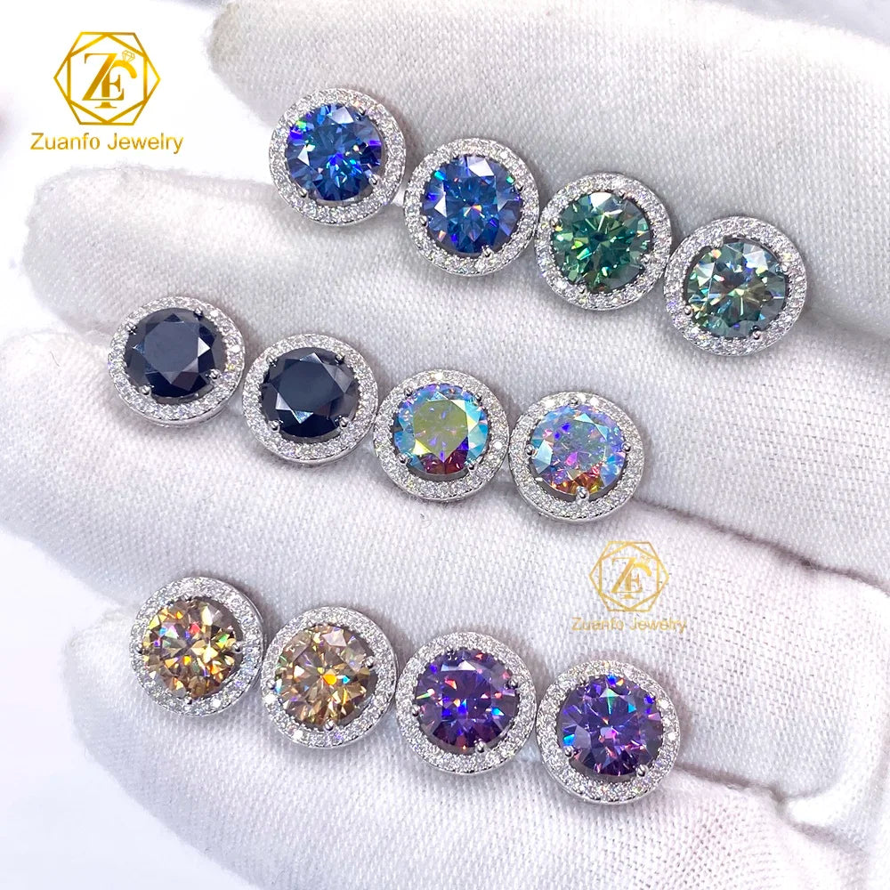 Stylish 925 Silver 1CT 6.5MM Moissanite Halo Stud Earrings Fashion Jewelry Colorful Pink Green Gemstones 6.5MM Pinkish Stone