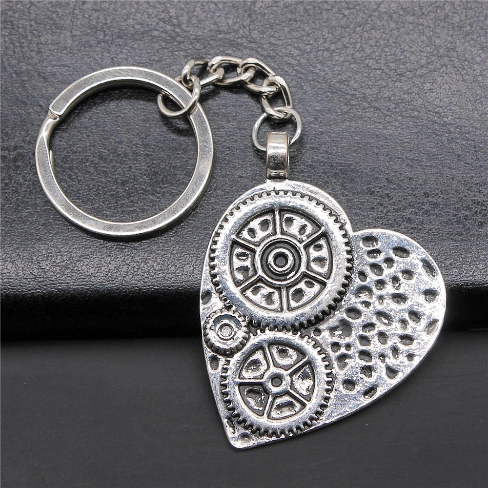 WYSIWYG 48x38mm Zinc Alloy Vintage Antique Silver Plated Heart Gear Key Chain Souvenirs Gift P1-ABD-C12801