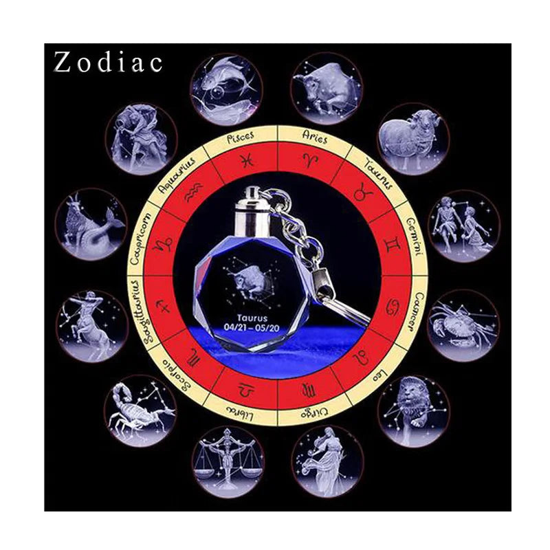 Wholesale Zodiac Light Keychain Customs 3d Laser Engraving Crystal Led Light Crystal Keychain