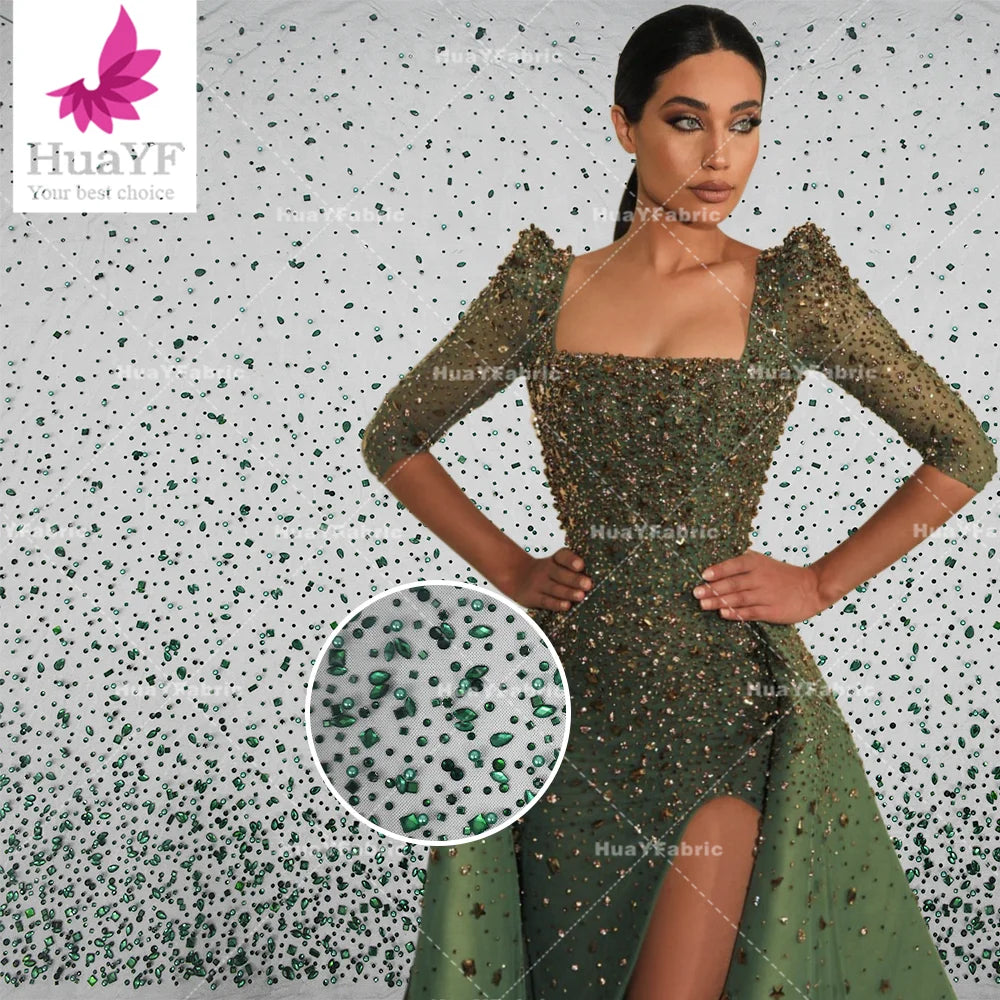 HY2164-3 Luxury Highest Quality African Sparking Green Pearls Crystal Stones Lace for Evening Dress Handwork Fabric