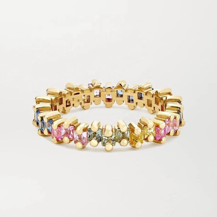 LOZRUNVE 925 Sterling Silver Fashion Rainbow Cubic Zirconia Eternity Ring Gold Plated