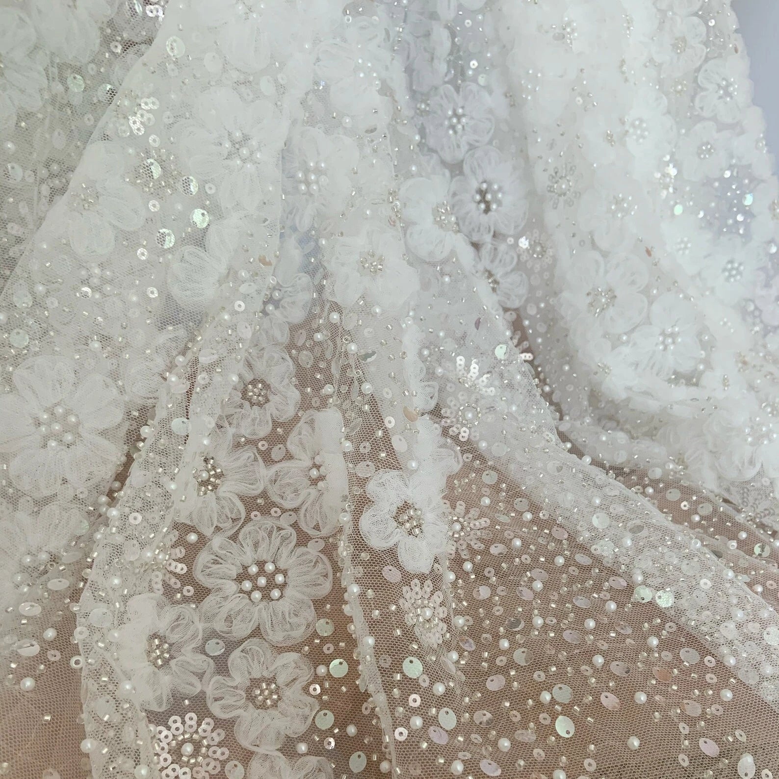 3D Flowers With Beaded Sequins Haute Wedding Bridal Embroidery Beads Fabric