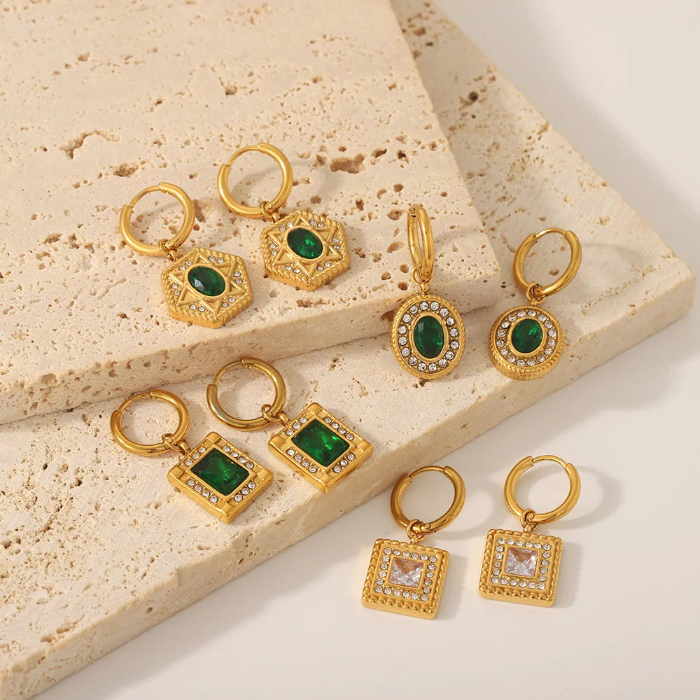 Chic Emerald Cubic Zirconia Stainless Steel Hoop Earrings for Women Luxury 18k Gold Plated Square Oval Zircon Drop Earrings