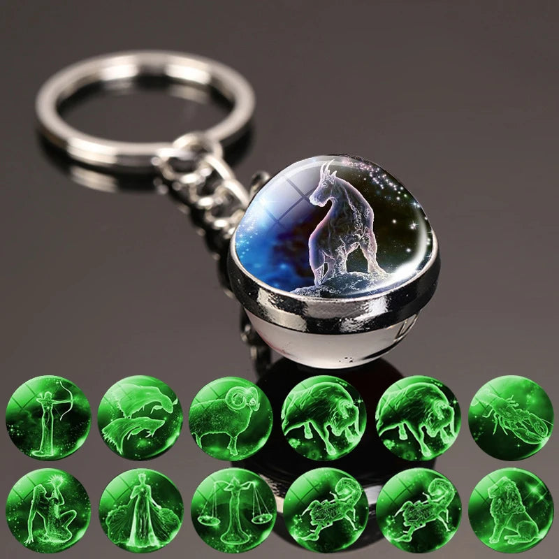 Wholesale Glass Ball Luminous Horoscope Pendant Glow in Dark 12 Zodiac Sign Keychain for Key Bag