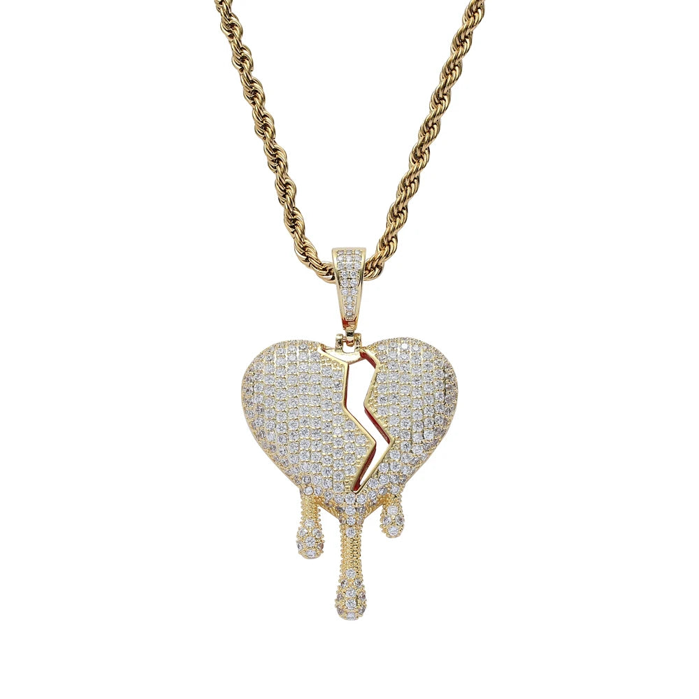 CN225 Gold Plated Brass Rope Chain Setting Heart Pendant Iced Out Cubic Zircon Necklace Hip Hop Gift Jewelry MegaBDM