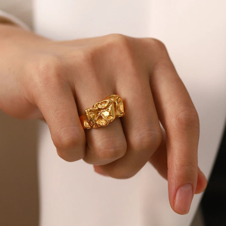 X148 Wholesale PVD Gold Plated Stainless Steel Classic Lava Irregular Ring Non Tarnish Open Ring Jewelry for Women