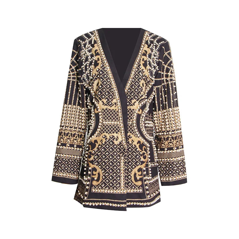 S-XL Autumn Fashion V-neck Long Sleeve Thickened Medium Length Blazer Vintage Bead Print Women's Wear Coat
