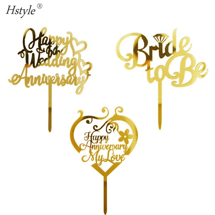 Happy Anniversary Cake Topper Decoration Gold Acrylic Wedding Anniversary Cake Decoration Supplies PQA389
