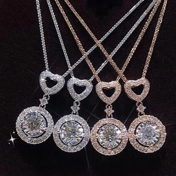 CAOSHI Shiny Rose Gold Plated Round Cut Cubic Zircon Pendant Necklace Chain Crystal Diamond Heart Necklaces