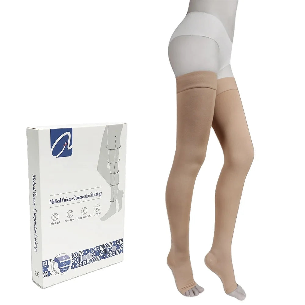 Thigh High 20-30 MmHg Open Toed Graduated Compression with Silicone Band Round Dot Medical Compression Stocking
