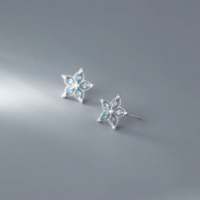 Genuine 925 Sterling Silver Shining CZ Zircon Five-petal Flower Women Stud Earrings Wedding Jewelry Wholesale