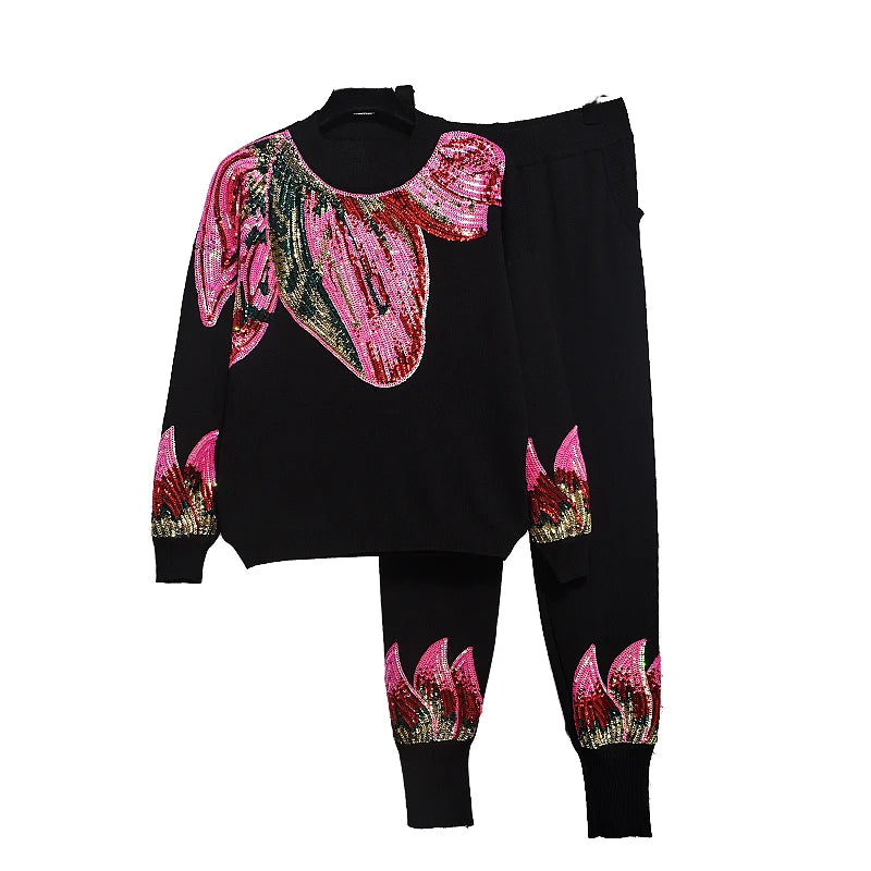 Women's Casual Fall Winter Two-Piece Sweater Set New Fashion Pink Sequins Round Neck Pullover Top Pant Comfortable Knit Set