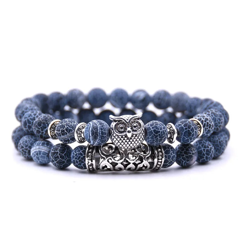 Natural Stone Bracelet 8mm Double Layer Natural Gemstone Beads Bracelet Set Owl tiger Eye Healing Bracelet for Men and Women