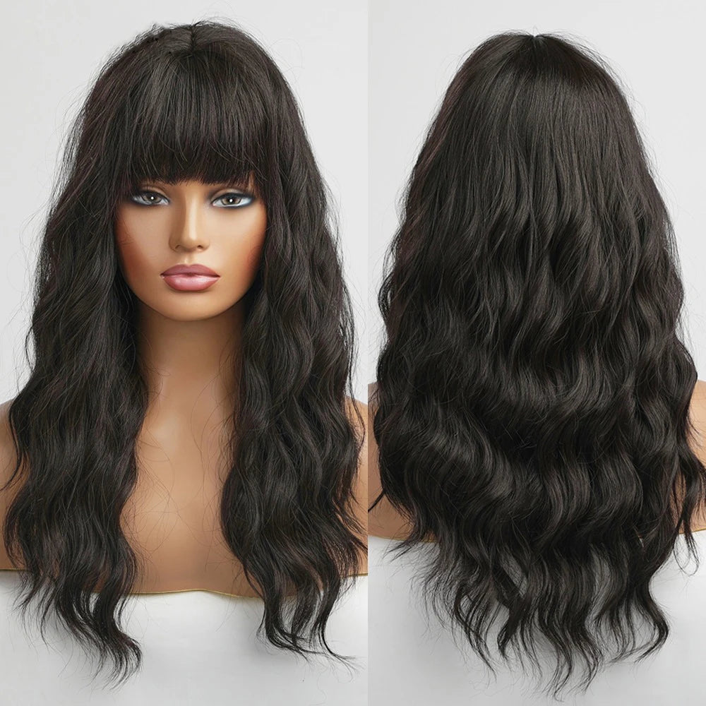 Fast Delivery Synthetic Black Wigs Natural Heat Resistant Wavy Wigs for Women Long Body with Bangs Hair Wig