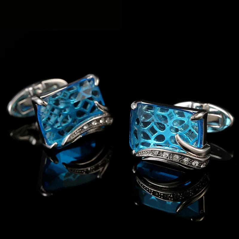 Elegant Blue Crystal Rhinestone French Cufflinks Mens Suit Accessories Stickpin Cufflinks
