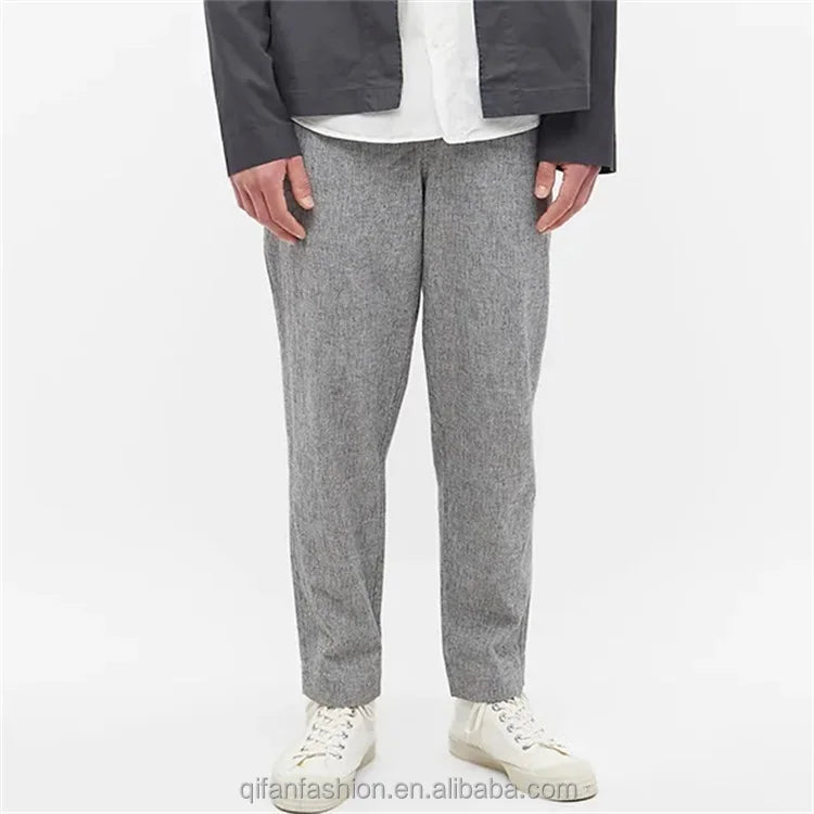 Custom Tapered Style Black Striped Soft Brushed Cotton Linen Pants for Men