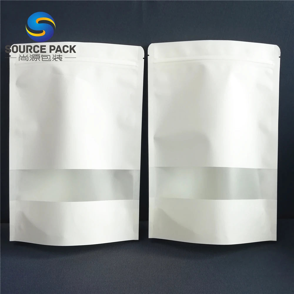 Wholesale Food Packaging Ziplock Stand up Pouch White Kraft Paper Bag With Window