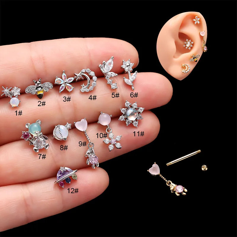 Cross Ear Tragus Piercing Earring Stud Barbell Crystal Cartilage Stud Earring Helix Piercing Daith Jewelry Rook Conch Stud