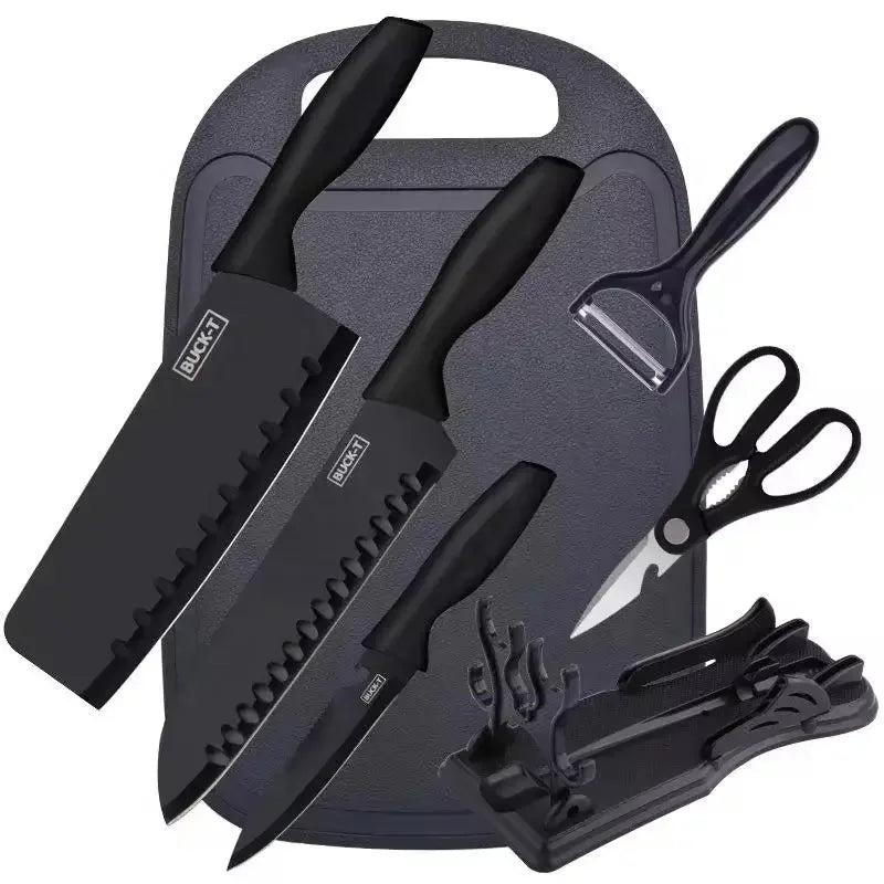 Stainless Steel 3CR13 7-Piece Black Kitchen Chef Knife Set PP Plastic Handles Includes Cutting Board Cooking Knife Block Support