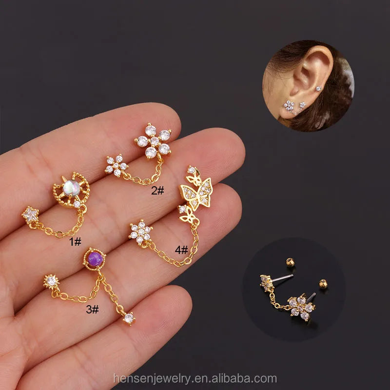 New Arrival Small and Smaller Petalled Five Leaf Flower Butterfly Linked Barbell Chain Double Stud Cartilage Piercing