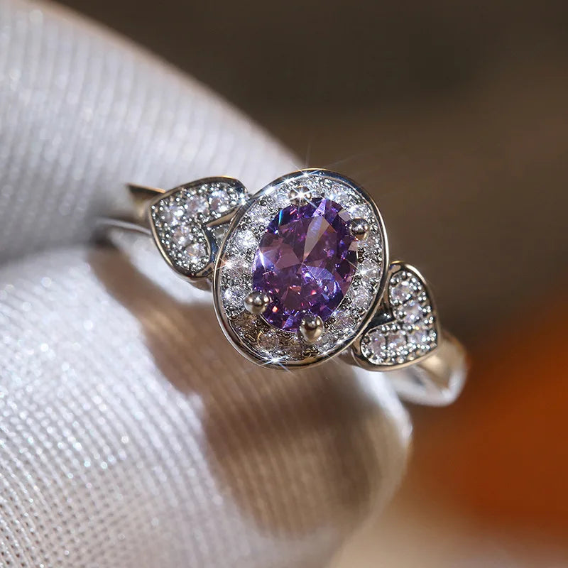CAOSHI Birth Stone Gift Elegant Female Purple Oval Cut Ring Silver Color Jewelry Vintage Wedding Oval Rings for Women
