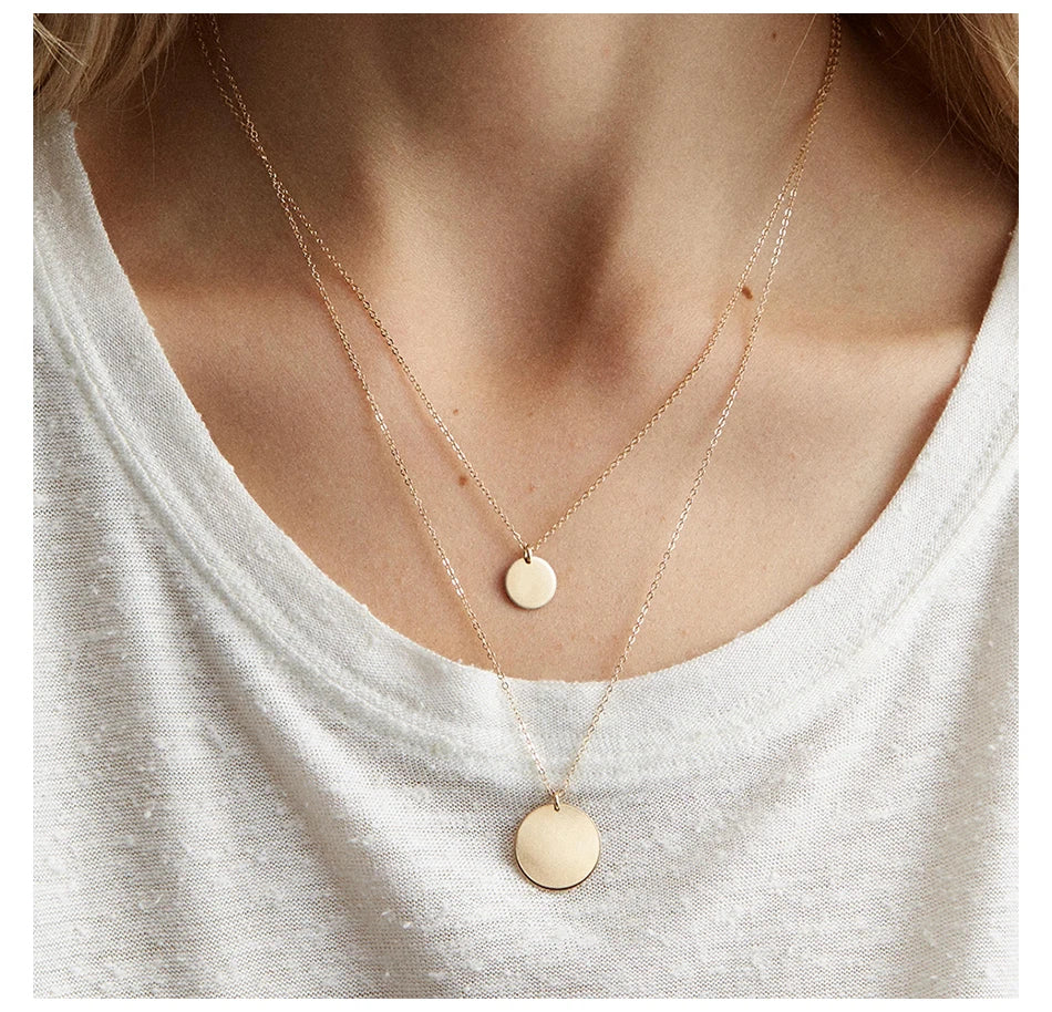EManco Trendy 14K Gold Plated Stainless Steel Link Chain Double Layered Round Pendant Necklace Set for Women