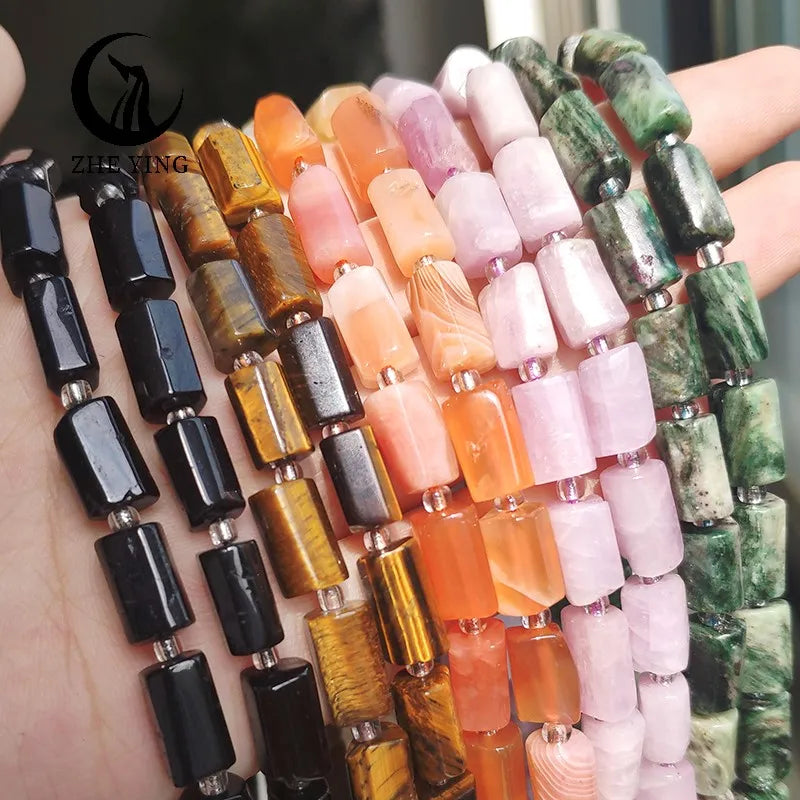 Zhe Ying 8*11mm Gemstone Cylinder Beads Bracelet Natural Straight Hole Loose Beads Faceted Cylinder Beads for Jewelry Making