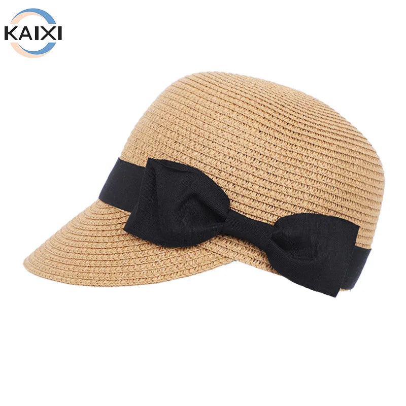Women's Striped Baseball Cap Natural White Raffia Straw Wide Brim for Summer Outdoor Sun Protection Vacation Beach Look Black