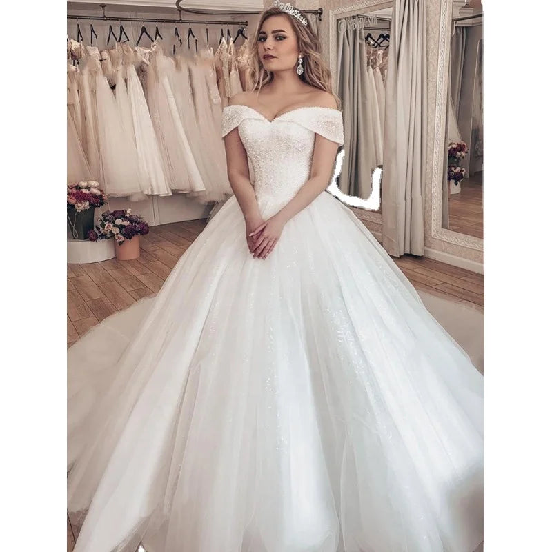 2025 Newest Shiny Sequin Lace Ball Gown Wedding Dress Noble Beading Off Shoulder Back Lace up Bridal Gown Elegant Vestido De Nov