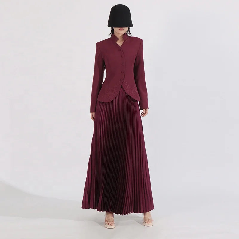 OUDINA Fashion Embroidery Jacket Solid Burgundy Pleated Skirt Elegant Women's Suits Two-piece Skirt Suit Simple Women Suits