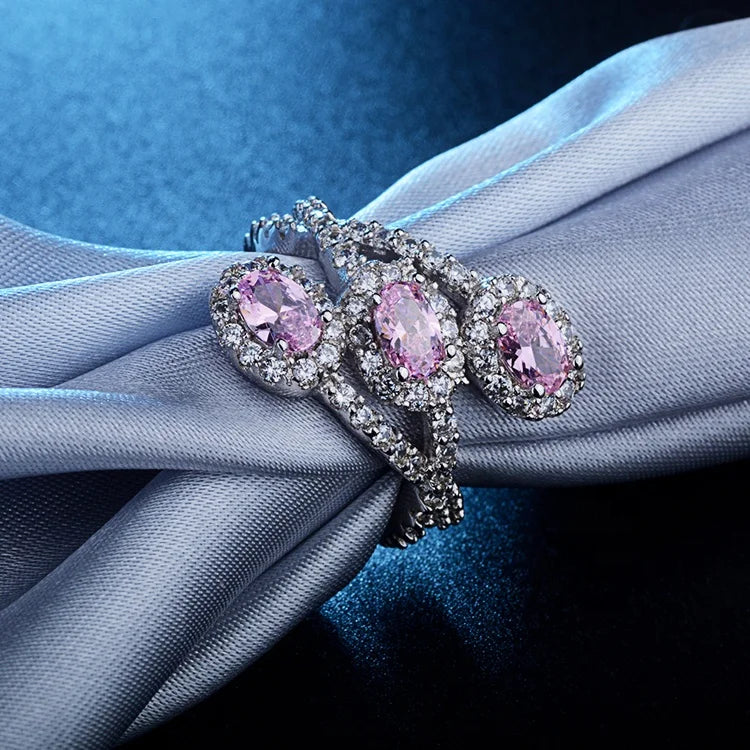 Luxury Marquise Oval Gemstone Platinum Plated Ring Pink Petals Cubic Zirconia Diamond Ring for Women Wedding Engagement Jewelry