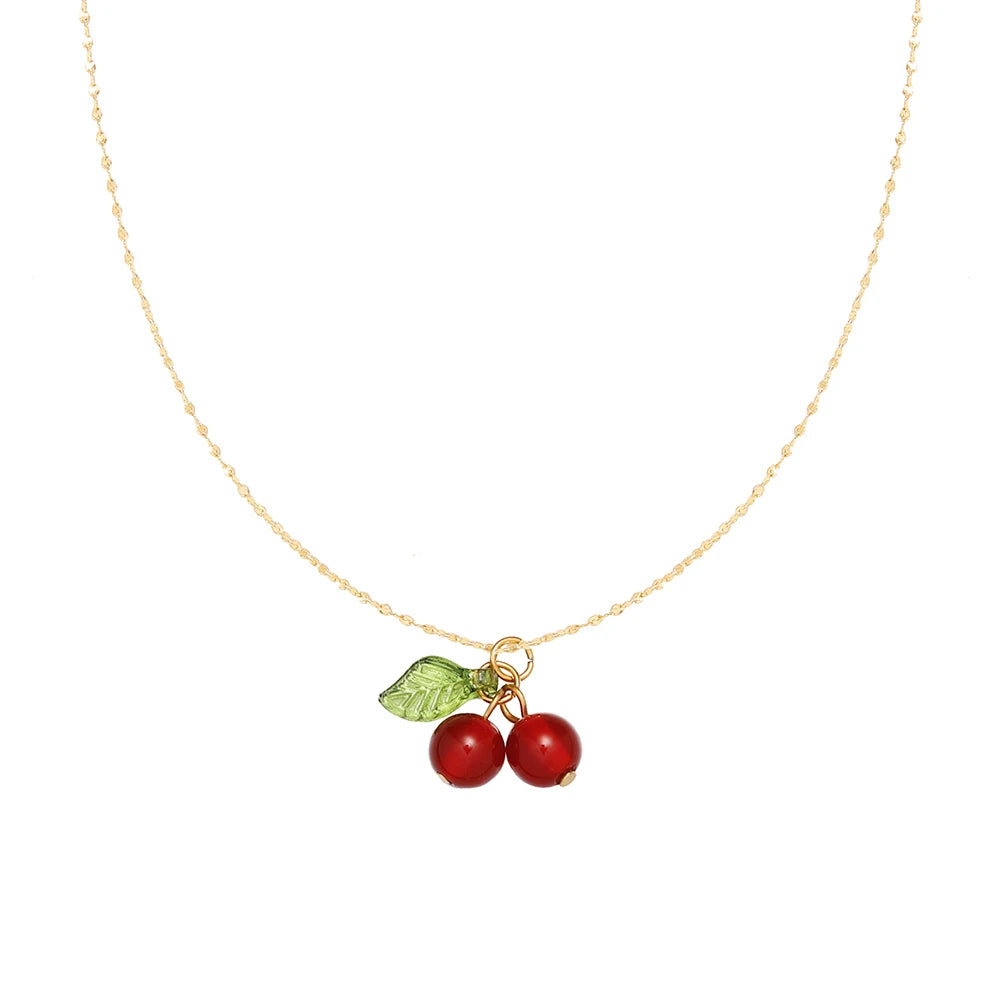 Joolim 18K Gold Plated Stainless Steel Red Agate Cherry Necklace Trendy Link Chain Wholesale Tarnish-Free Jewelry for Gift