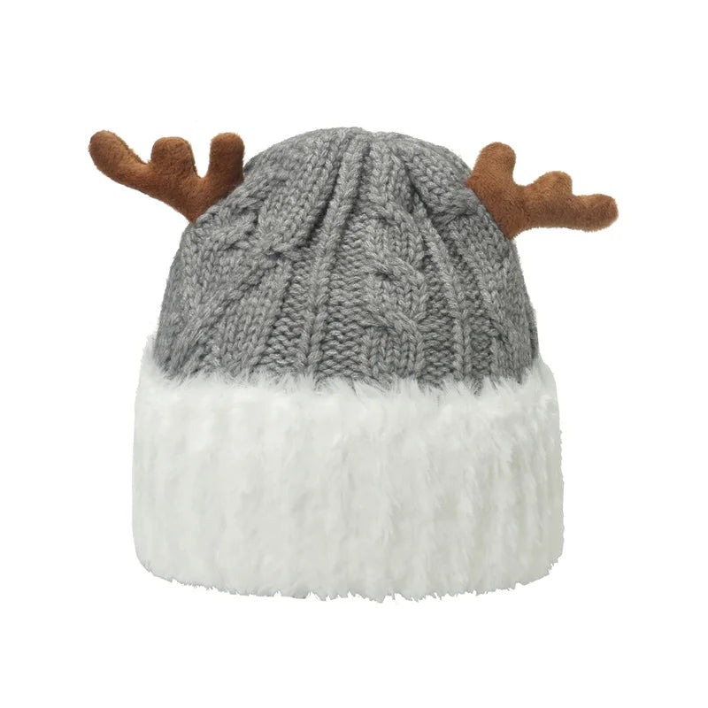 Custom logo Women Deer Horn Knitted Hat Winter Thermal Thick Earmuffs Outdoor Christmas Beanie Hat