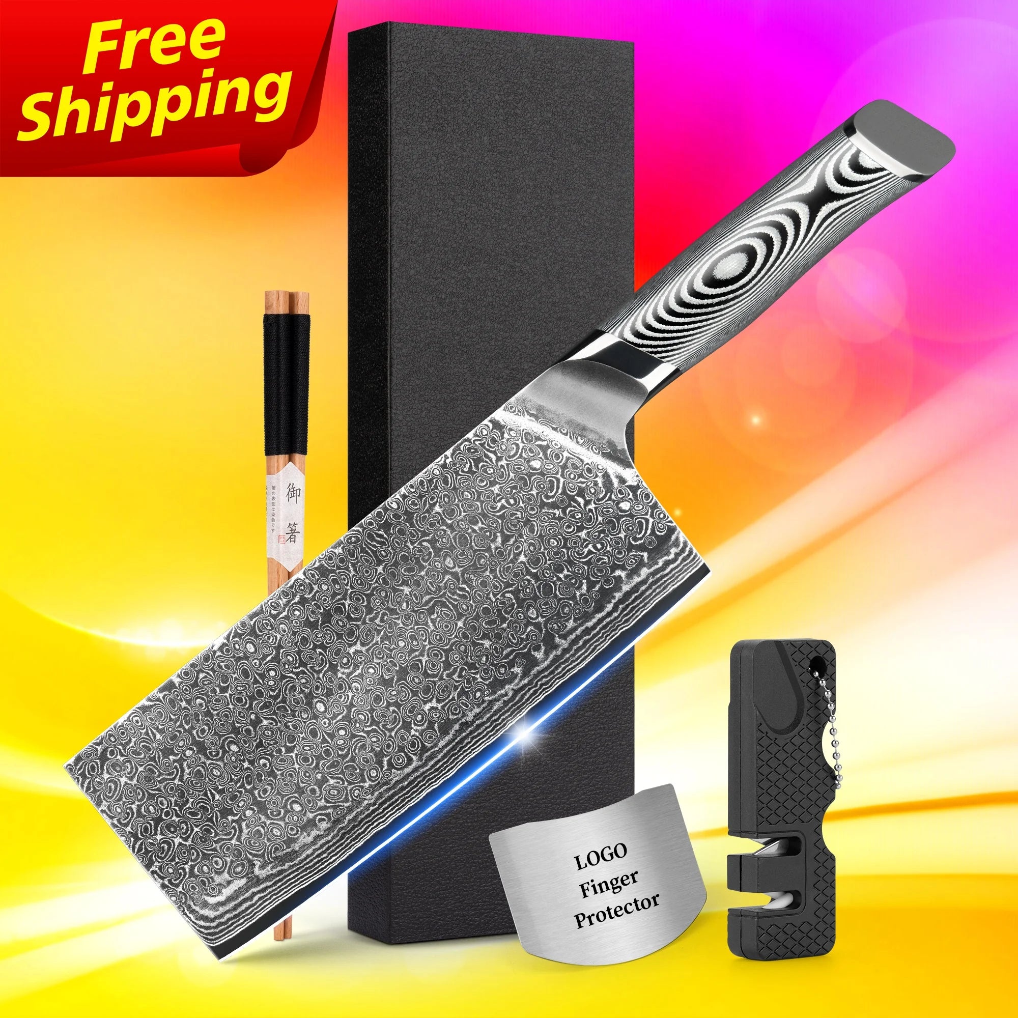 Free Shipping SkyCook 7 Inch Japanese Professional Vg10 Damascus Steel Chinese Slicing Knife with Grey G10 Handle Free logo
