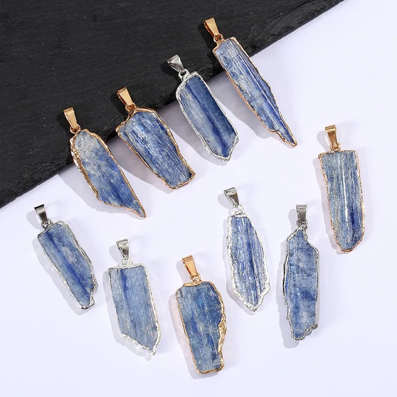 Natural Raw Blue Kyanite Pendant Gemstone Freeform Rough Crystal Gold Plated Necklace Pendants Vintage Stone for Jewelry Making