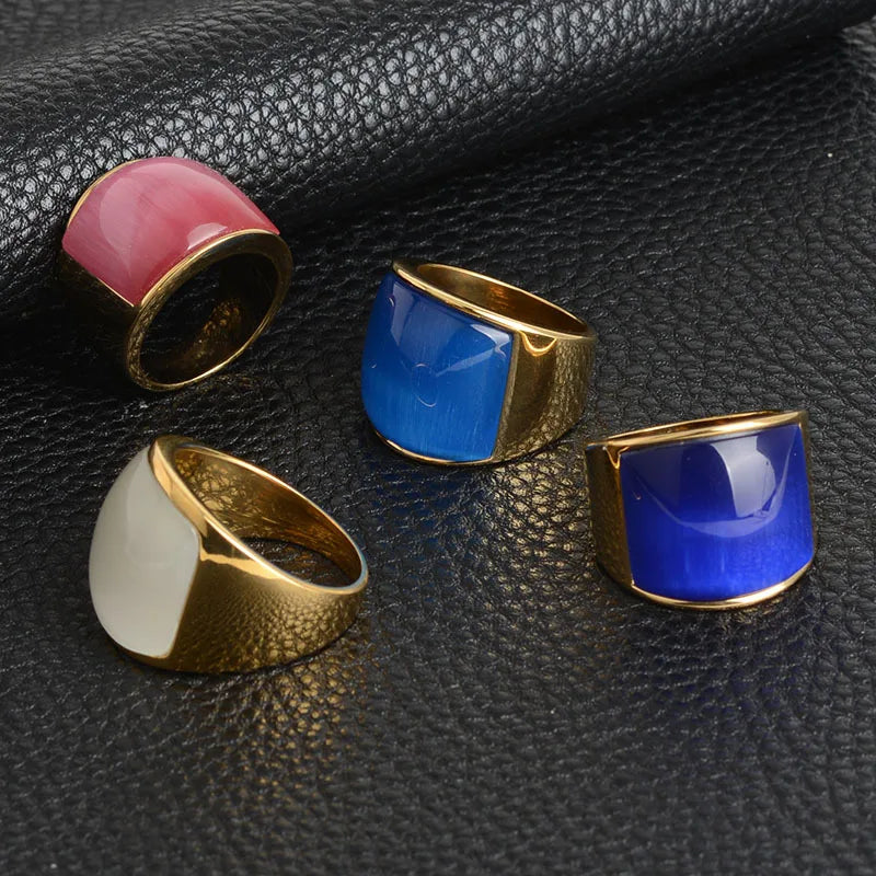 Colorful Birthstone Opal Titanium Curved Stainless Steel Ring with 18K Gold Plating Trendy