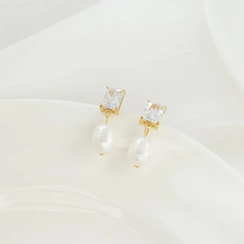 Fashion Jewelry Trendy 14K Gold Plated Stainless Steel Women Simple Pearl Crystal Rhinestone Wedding Party Earrings