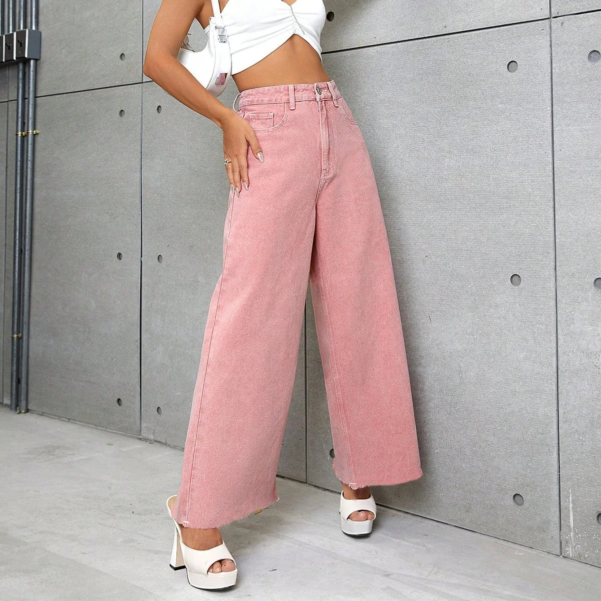 Women's Pink High Waist Straight Leg Jeans Loose Wide Leg Pants with Baggy Style Washable Casual Woven Fabric