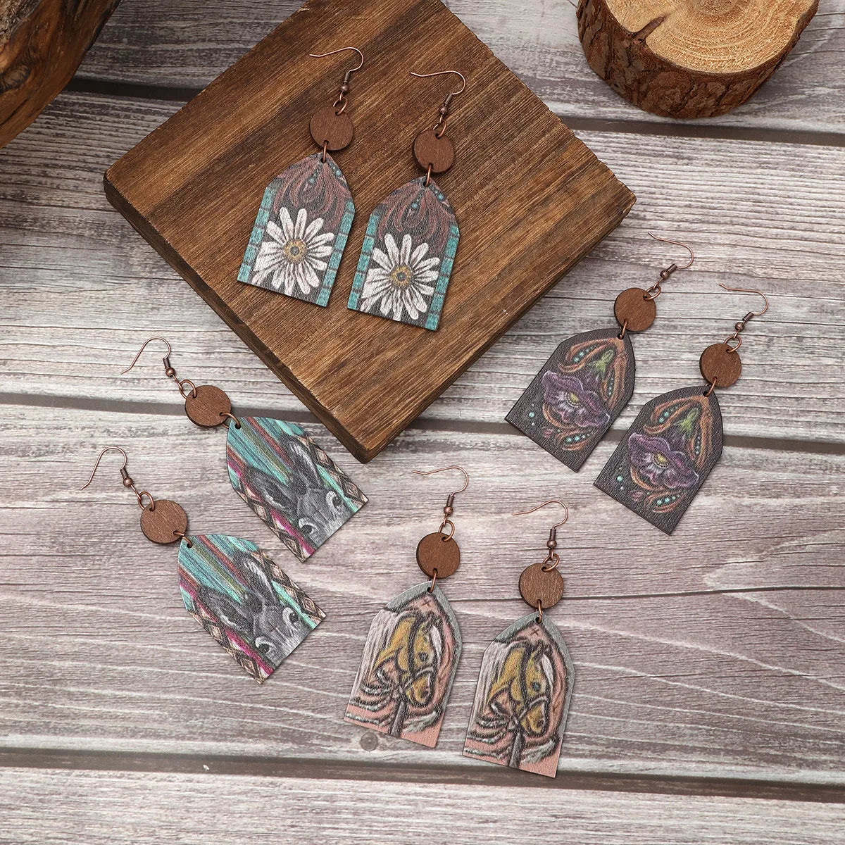 Western Cowboy Wooden Dangling Earrings Personalized Horse Head Flower Pattern Women's Earrings Wholesale
