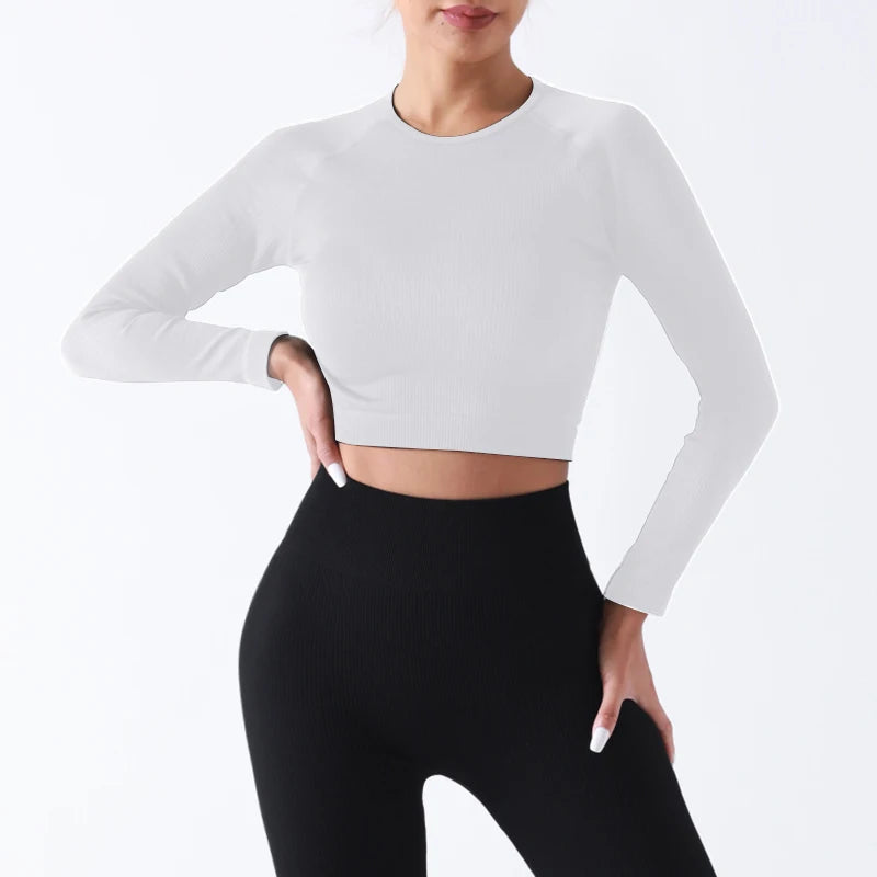 Round Neck Yoga Slim Fit Waist Tight Breathable Seamless Print Short Sports Long Sleeve Elastic Fitness Top for Women