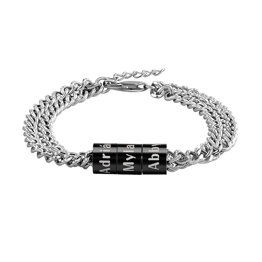 Customized Beads and Engraved Family Name Beads Stainless Steel Bracelet for Dad Father's Day