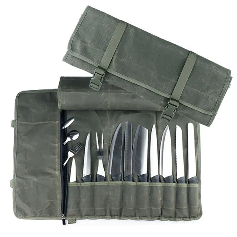 Professional Heavy Duty Large Space Storage Kitchen Knife Pouch Bag Double Tiers Made Straw Plant Fiber Travel Multipurpose Use