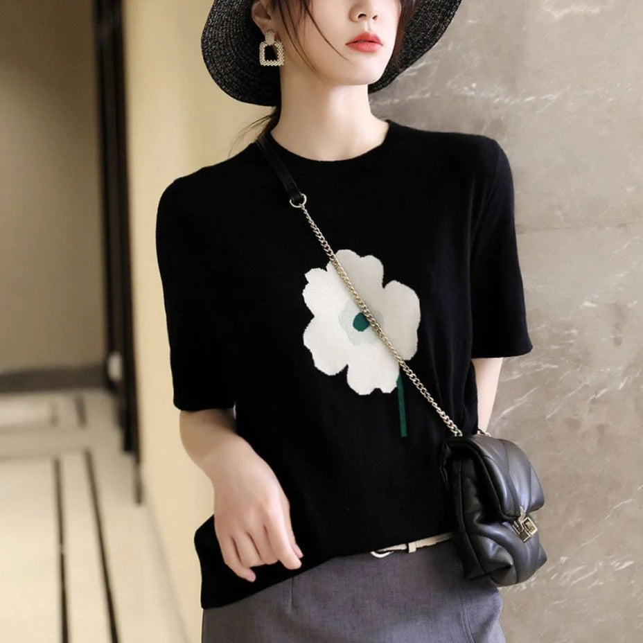 Global Hot-selling New Casual Short-sleeved Top Jacquard Loose O-neck Short Shirt Knitted Pullover T-shirt for Woman