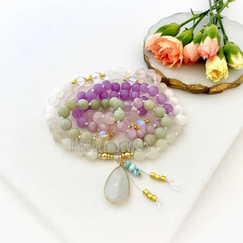 MN43501 Mala Necklace With Moonstone Selenite Amazonite Kunzite 108 Mala Prayer Beads Spiritual Yoga Gift