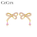 CZCITY Cubic Zircon Irregular Cute Bow Knot Gold Plated With Pink Water Drop 925 Sterling Silver Earrings